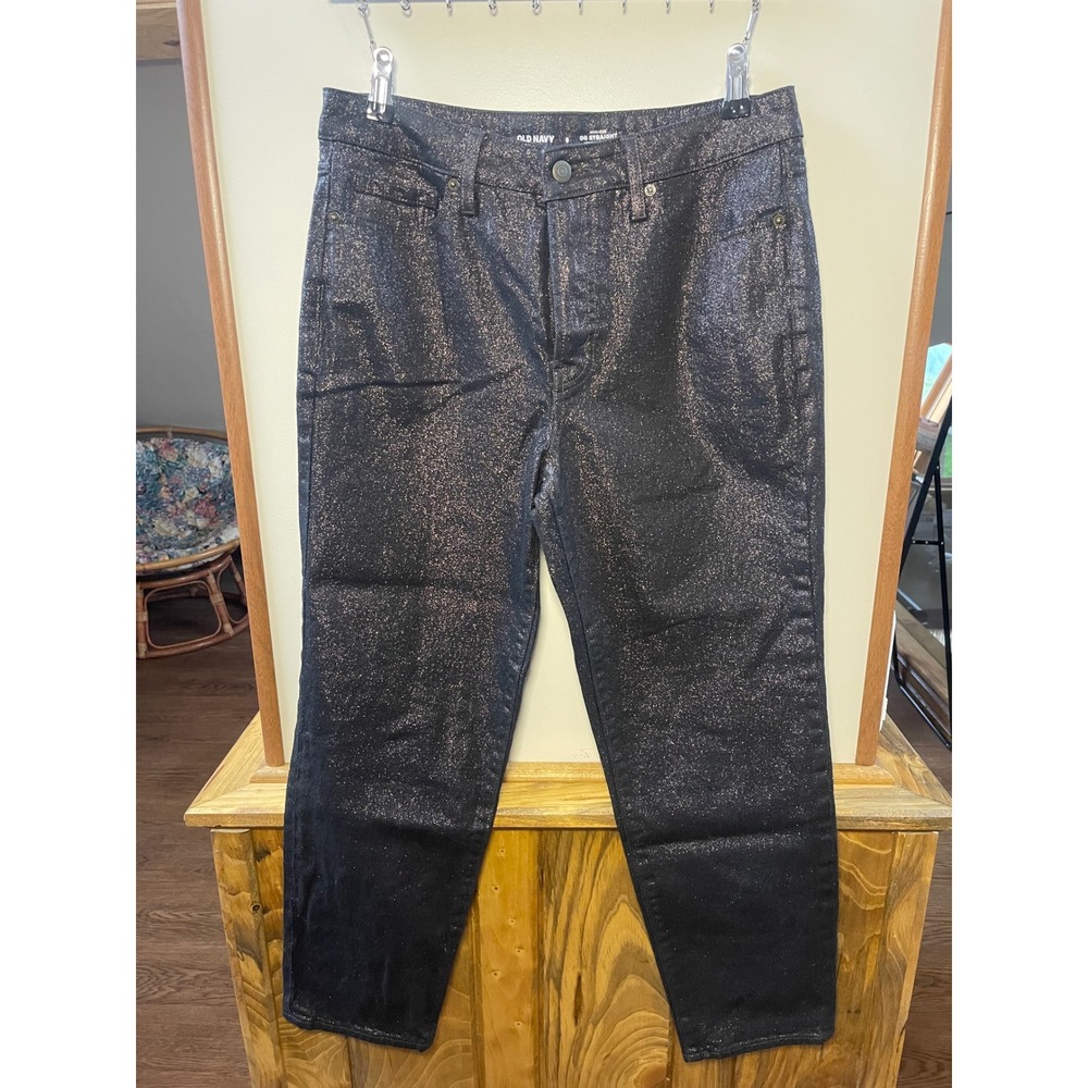Old Navy OG Straight Jeans Women's 8 Black Metallic Shimmer High Rise